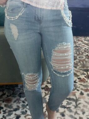 Boston Proper Light Blue Pearl-Embellished Skinny Jeans